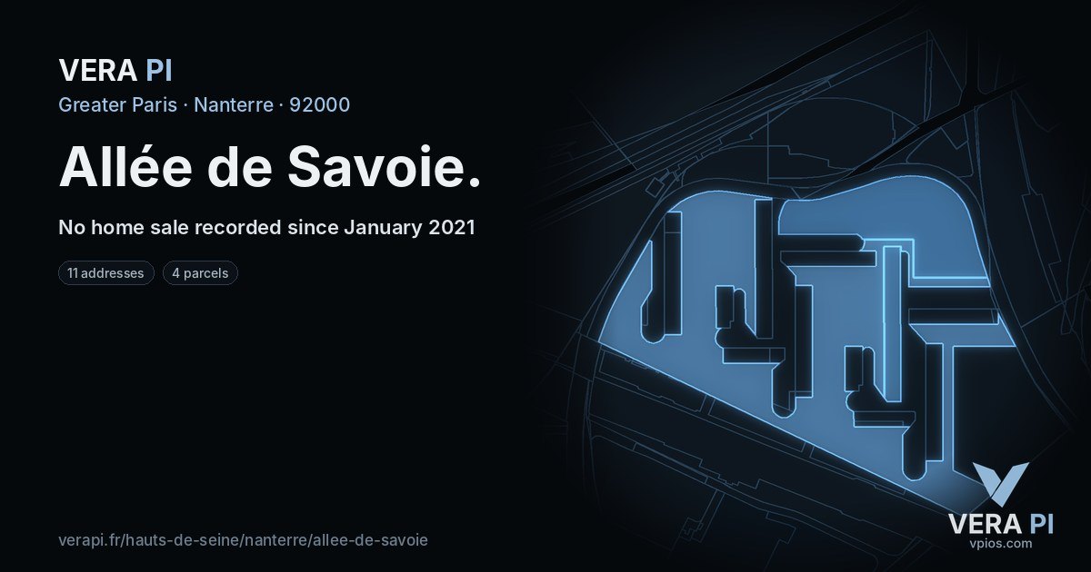 Allée de Savoie, Nanterre at night – every parcel coloured by the prices around it, the street's own parcels lit