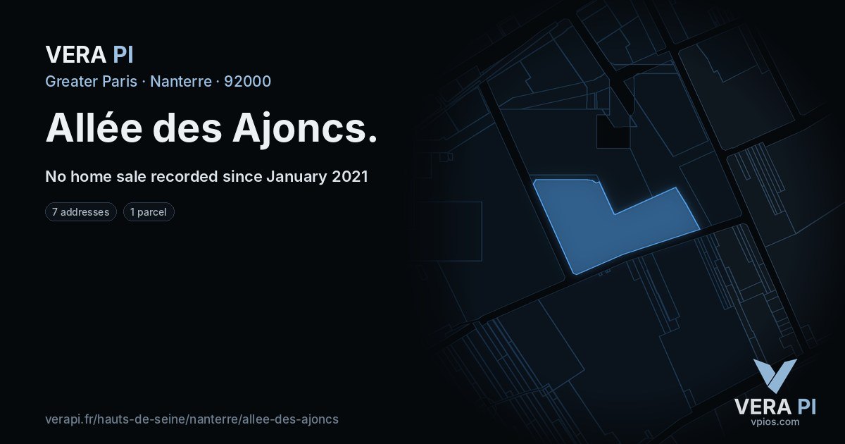 Allée des Ajoncs, Nanterre at night – every parcel coloured by the prices around it, the street's own parcels lit