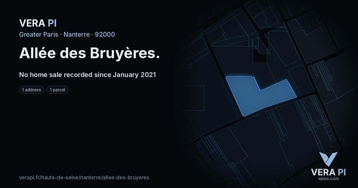 Allée des Bruyères, Nanterre at night – every parcel coloured by the prices around it, the street's own parcels lit