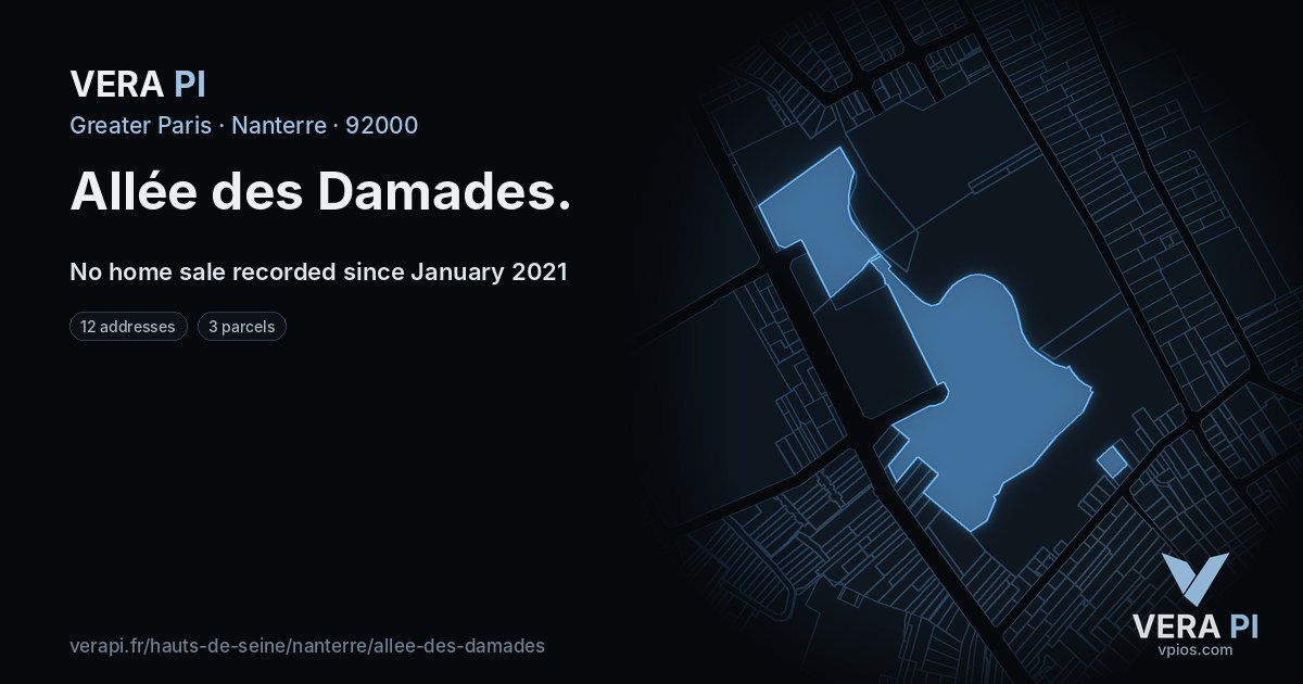 Allée des Damades, Nanterre at night – every parcel coloured by the prices around it, the street's own parcels lit