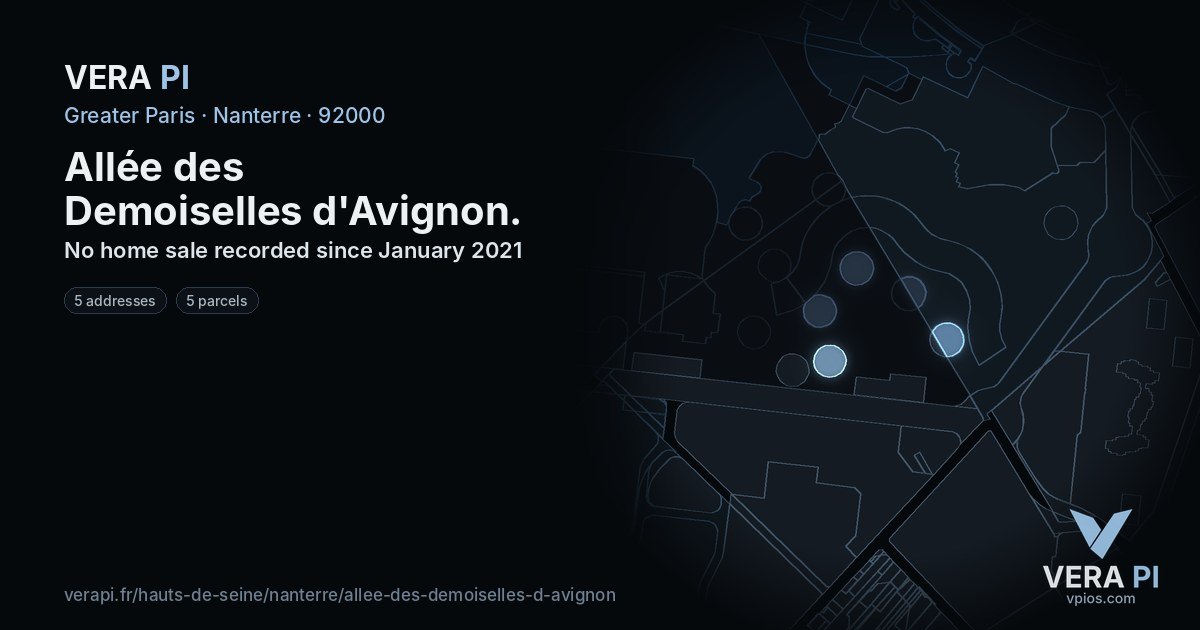 Allée des Demoiselles d'Avignon, Nanterre at night – every parcel coloured by the prices around it, the street's own parcels lit