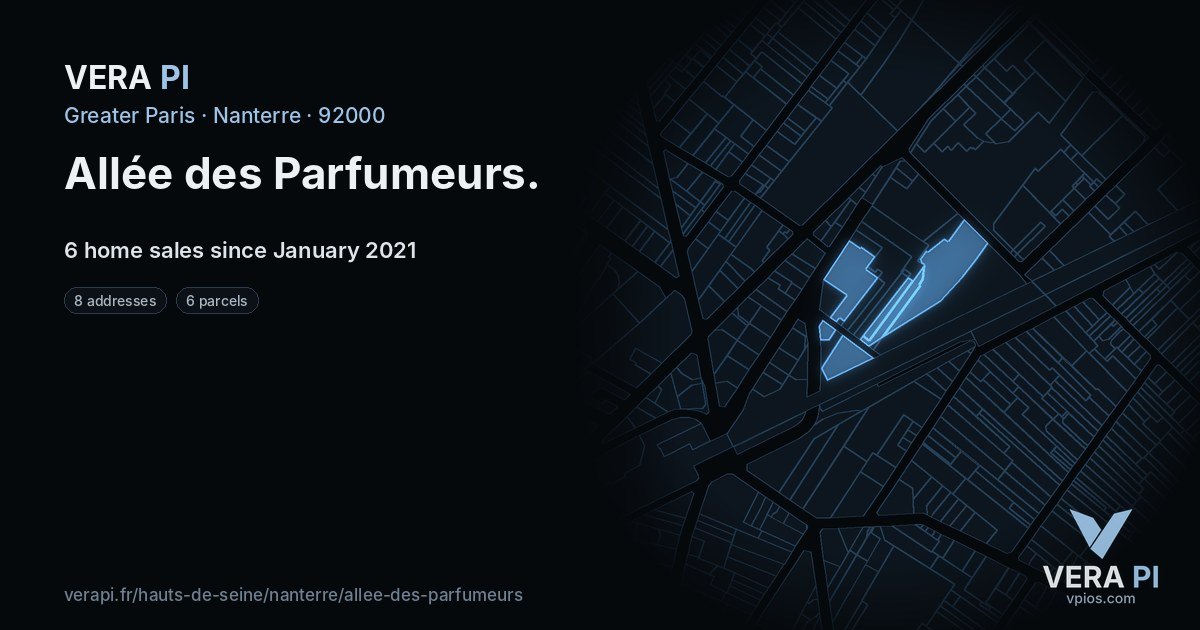 Allée des Parfumeurs, Nanterre at night – every parcel coloured by the prices around it, the street's own parcels lit