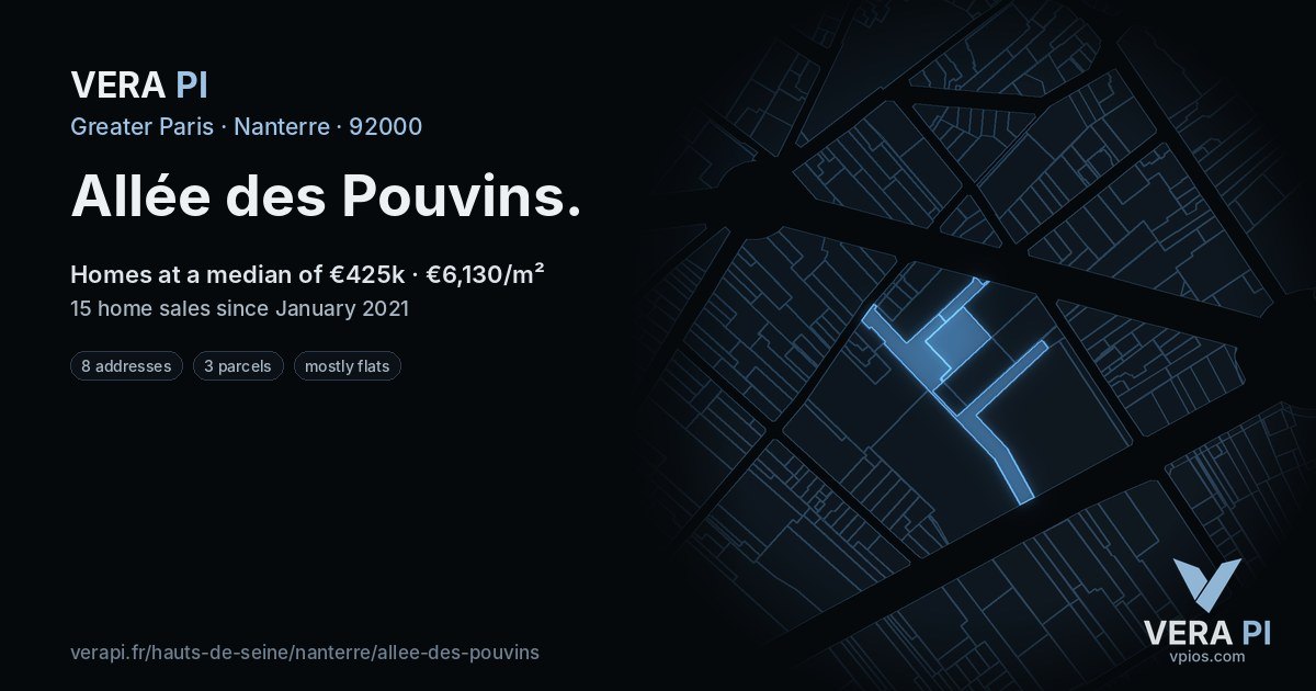 Allée des Pouvins, Nanterre at night – every parcel coloured by the prices around it, the street's own parcels lit