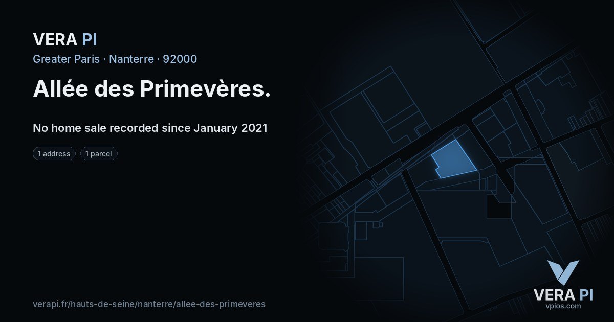 Allée des Primevères, Nanterre at night – every parcel coloured by the prices around it, the street's own parcels lit
