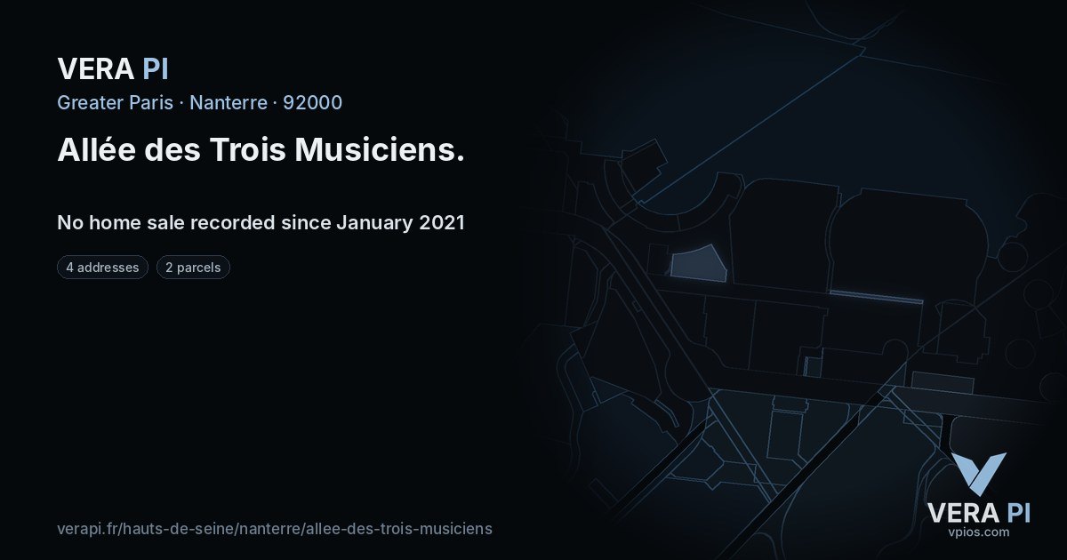 Allée des Trois Musiciens, Nanterre at night – every parcel coloured by the prices around it, the street's own parcels lit