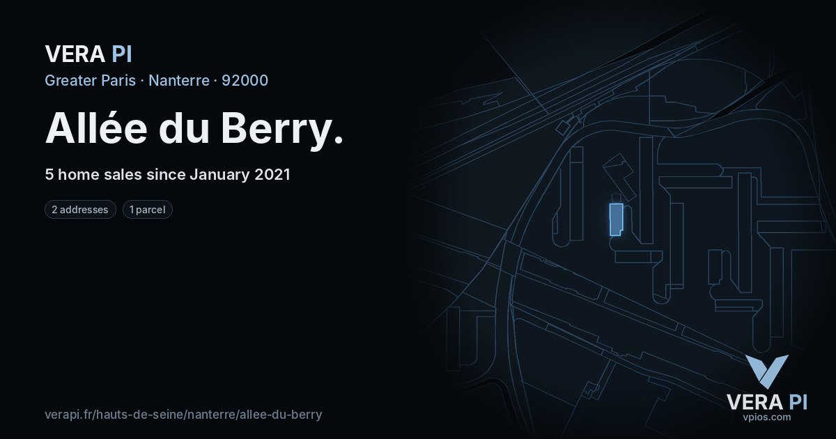 Allée du Berry, Nanterre at night – every parcel coloured by the prices around it, the street's own parcels lit