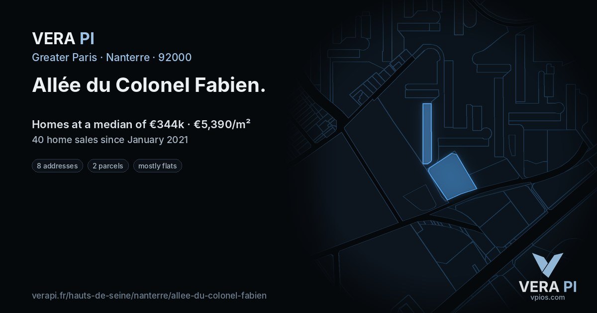 Allée du Colonel Fabien, Nanterre at night – every parcel coloured by the prices around it, the street's own parcels lit