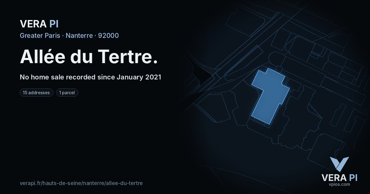 Allée du Tertre, Nanterre at night – every parcel coloured by the prices around it, the street's own parcels lit
