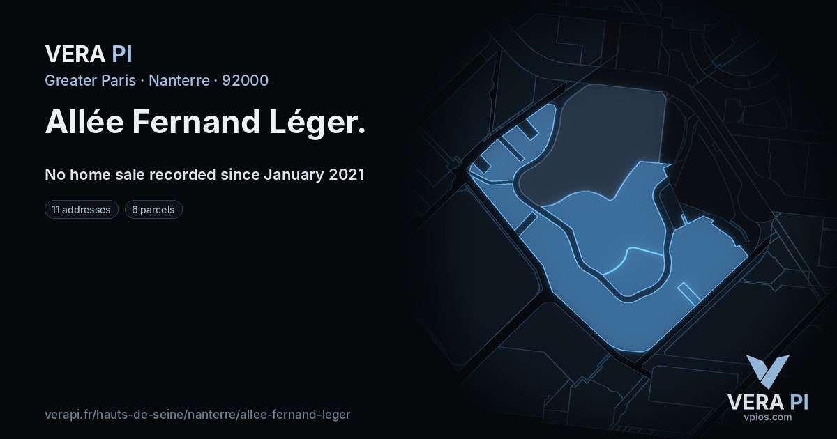 Allée Fernand Léger, Nanterre at night – every parcel coloured by the prices around it, the street's own parcels lit
