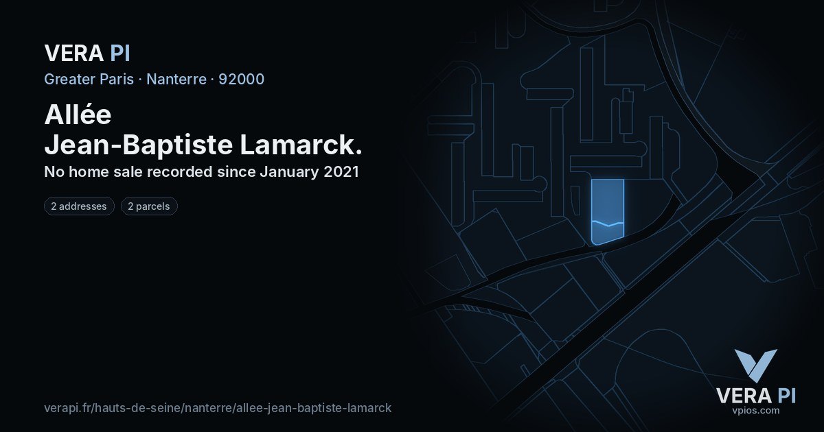 Allée Jean-Baptiste Lamarck, Nanterre at night – every parcel coloured by the prices around it, the street's own parcels lit