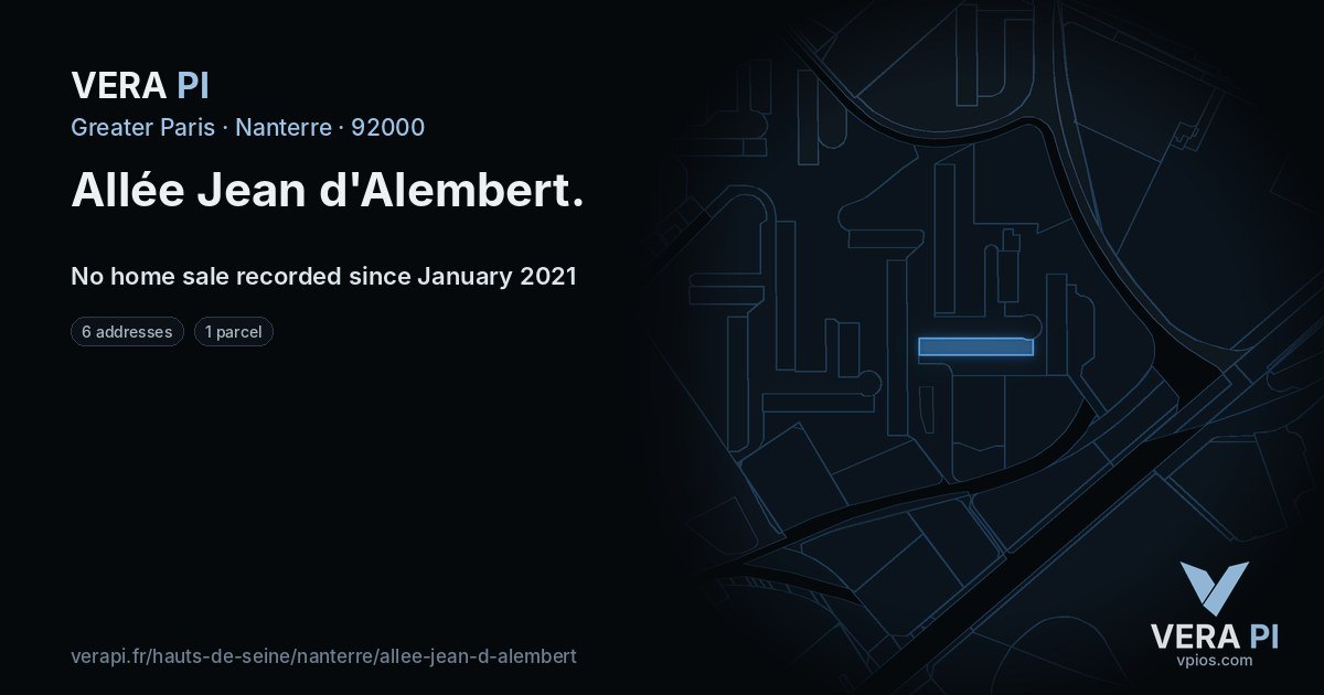 Allée Jean d'Alembert, Nanterre at night – every parcel coloured by the prices around it, the street's own parcels lit