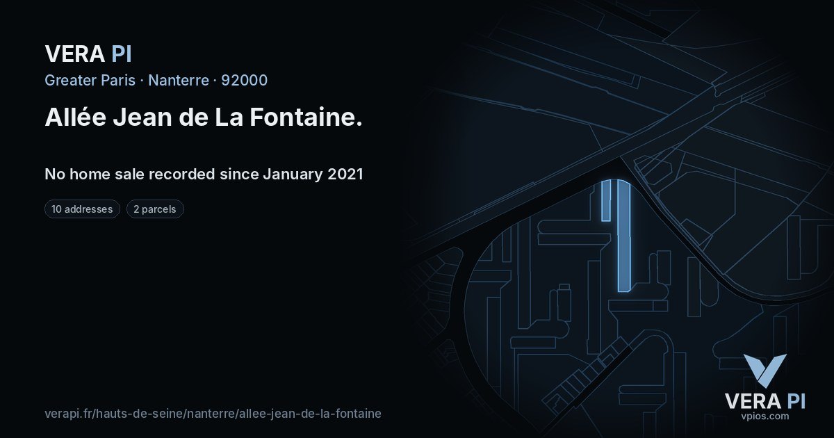 Allée Jean de La Fontaine, Nanterre at night – every parcel coloured by the prices around it, the street's own parcels lit