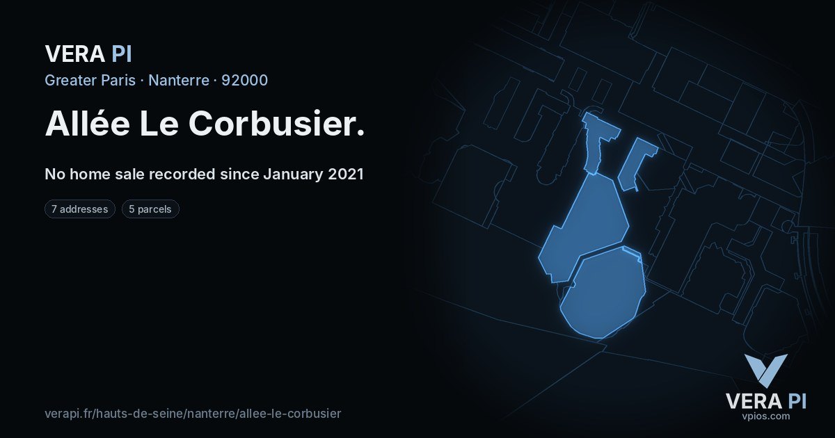 Allée Le Corbusier, Nanterre at night – every parcel coloured by the prices around it, the street's own parcels lit