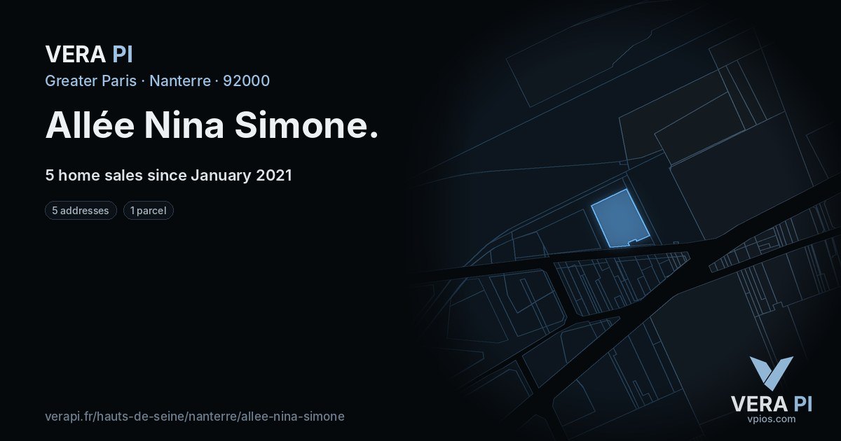 Allée Nina Simone, Nanterre at night – every parcel coloured by the prices around it, the street's own parcels lit