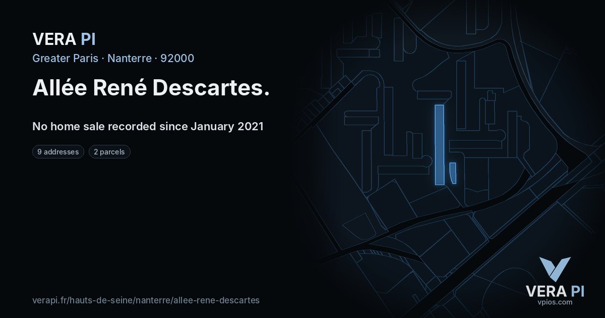 Allée René Descartes, Nanterre at night – every parcel coloured by the prices around it, the street's own parcels lit