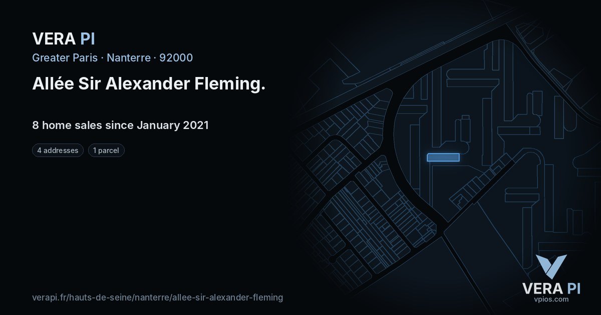 Allée Sir Alexander Fleming, Nanterre at night – every parcel coloured by the prices around it, the street's own parcels lit