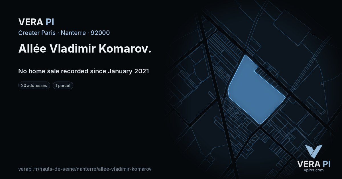 Allée Vladimir Komarov, Nanterre at night – every parcel coloured by the prices around it, the street's own parcels lit