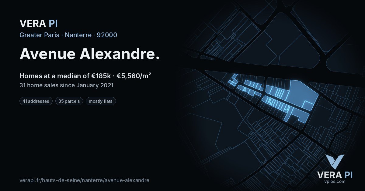 Avenue Alexandre, Nanterre at night – every parcel coloured by the prices around it, the street's own parcels lit