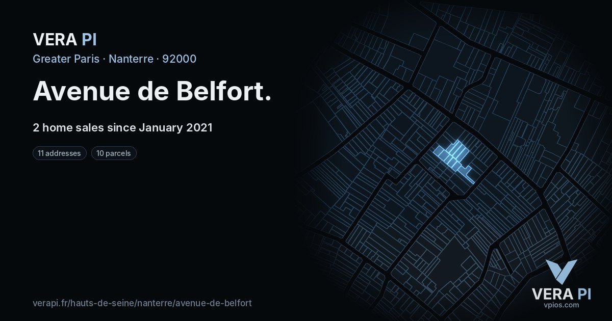 Avenue de Belfort, Nanterre at night – every parcel coloured by the prices around it, the street's own parcels lit