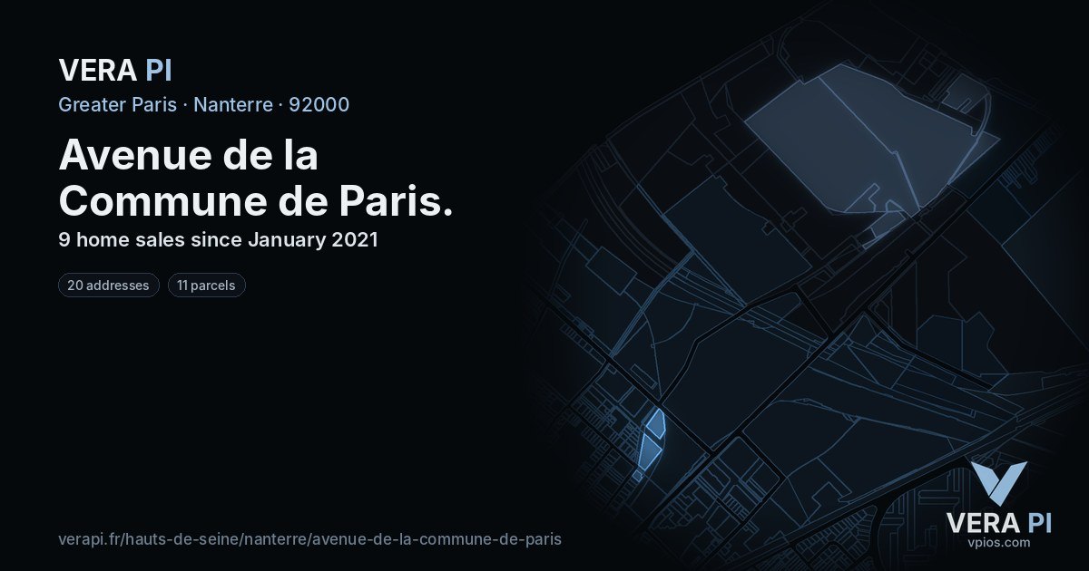 Avenue de la Commune de Paris, Nanterre at night – every parcel coloured by the prices around it, the street's own parcels lit