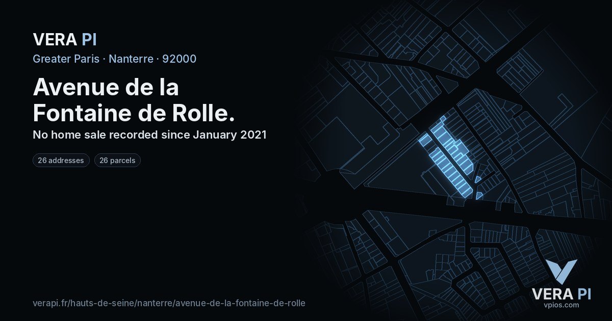 Avenue de la Fontaine de Rolle, Nanterre at night – every parcel coloured by the prices around it, the street's own parcels lit