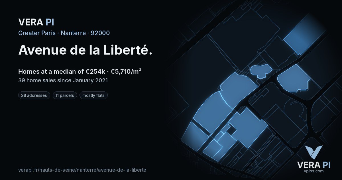 Avenue de la Liberté, Nanterre at night – every parcel coloured by the prices around it, the street's own parcels lit