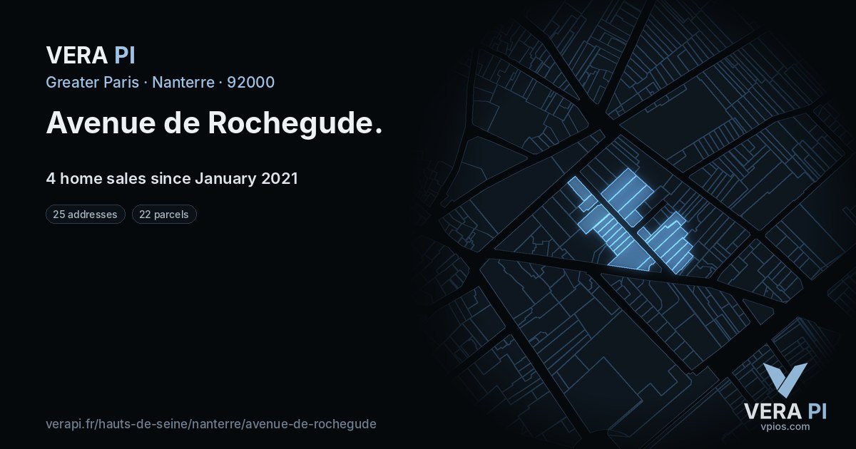 Avenue de Rochegude, Nanterre at night – every parcel coloured by the prices around it, the street's own parcels lit