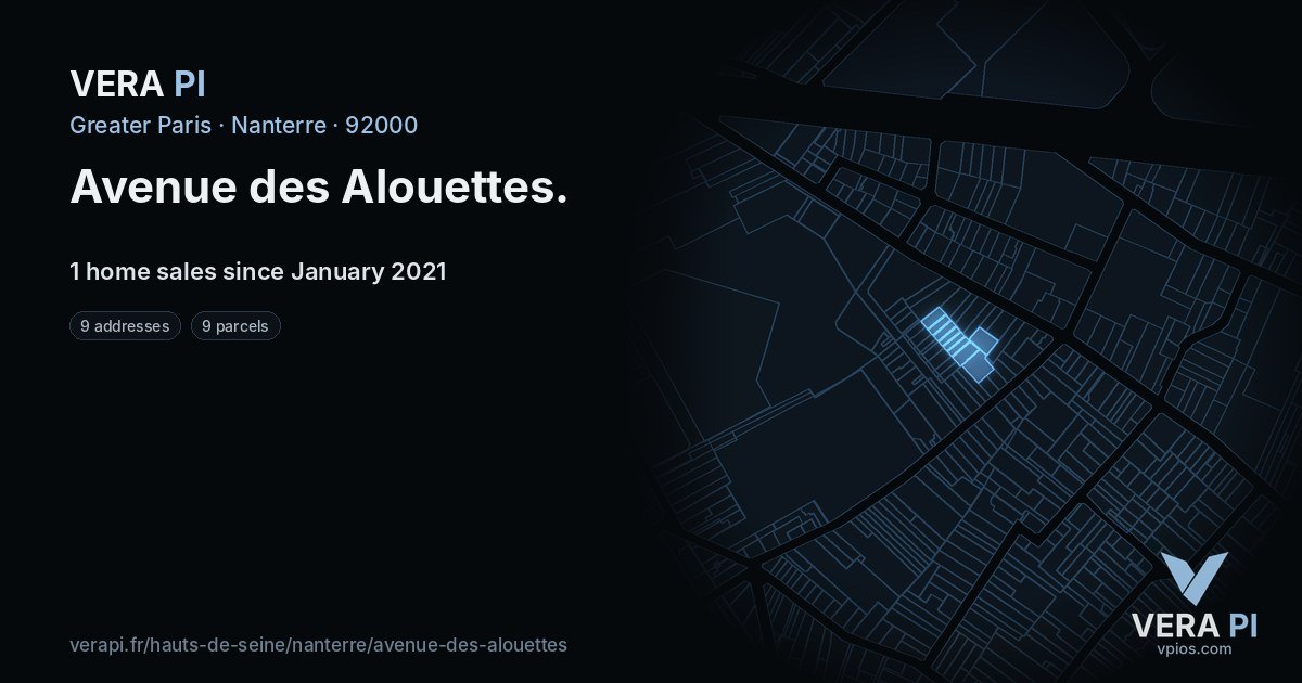 Avenue des Alouettes, Nanterre at night – every parcel coloured by the prices around it, the street's own parcels lit