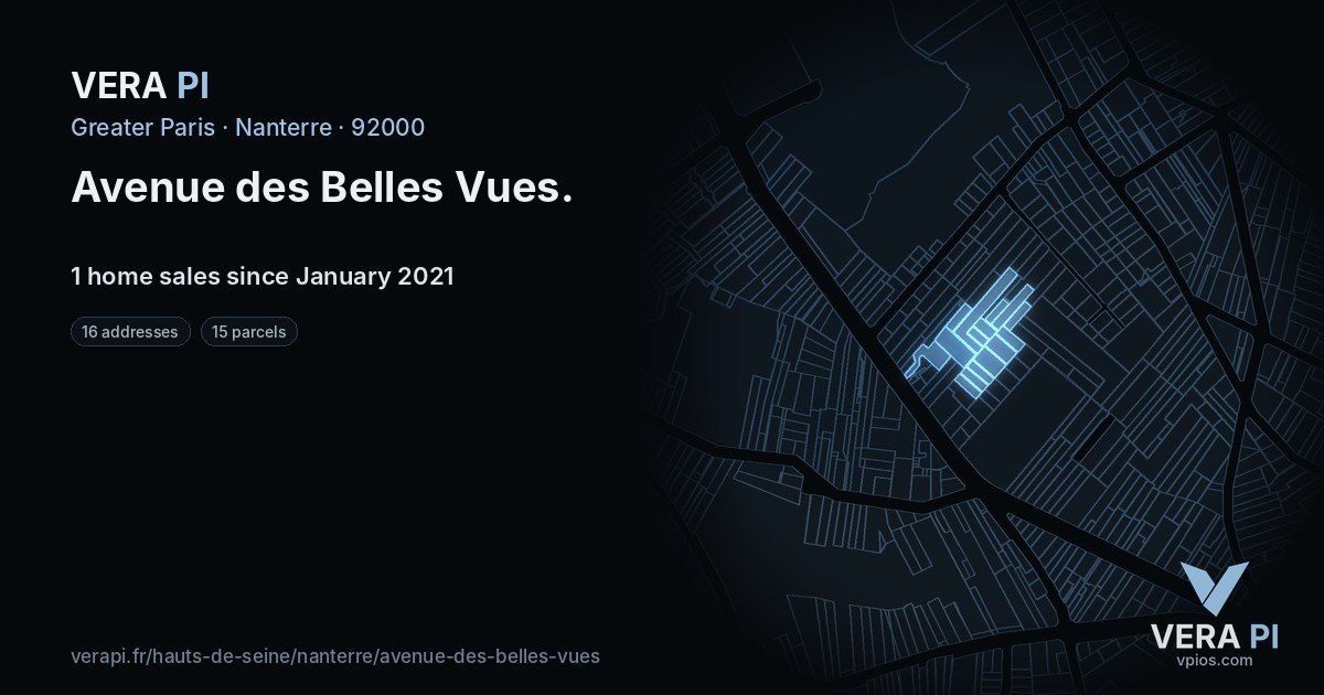Avenue des Belles Vues, Nanterre at night – every parcel coloured by the prices around it, the street's own parcels lit