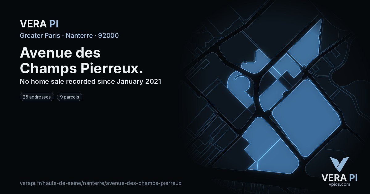 Avenue des Champs Pierreux, Nanterre at night – every parcel coloured by the prices around it, the street's own parcels lit