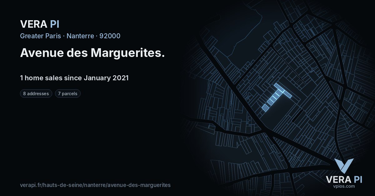 Avenue des Marguerites, Nanterre at night – every parcel coloured by the prices around it, the street's own parcels lit