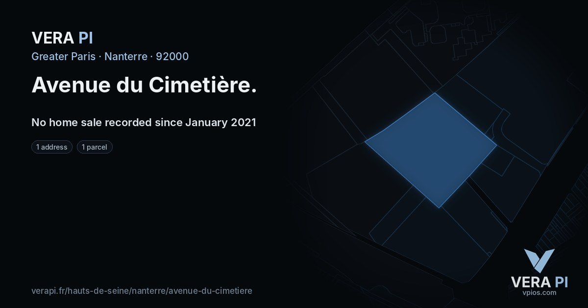 Avenue du Cimetière, Nanterre at night – every parcel coloured by the prices around it, the street's own parcels lit