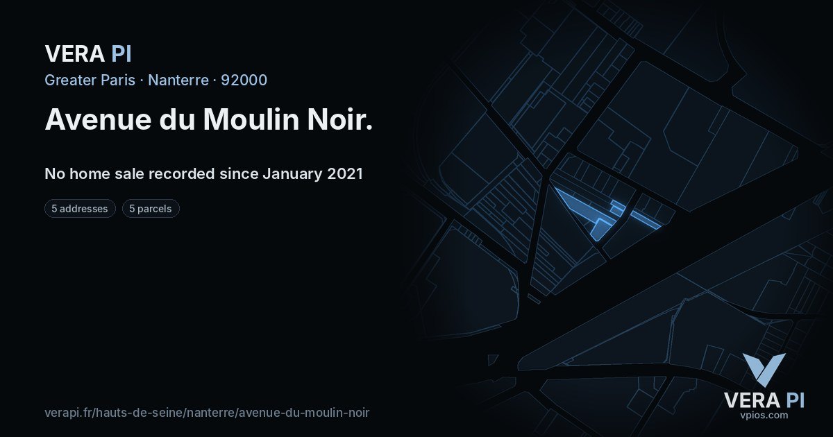 Avenue du Moulin Noir, Nanterre at night – every parcel coloured by the prices around it, the street's own parcels lit