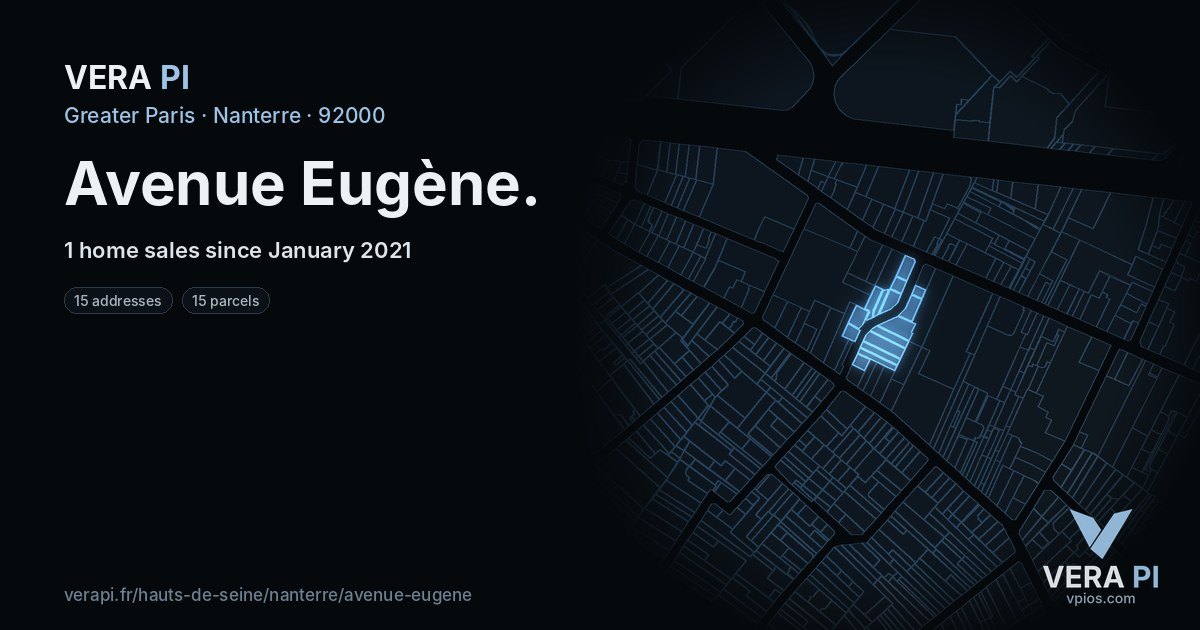 Avenue Eugène, Nanterre at night – every parcel coloured by the prices around it, the street's own parcels lit