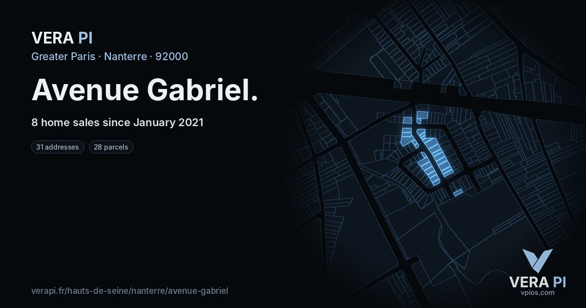 Avenue Gabriel, Nanterre at night – every parcel coloured by the prices around it, the street's own parcels lit
