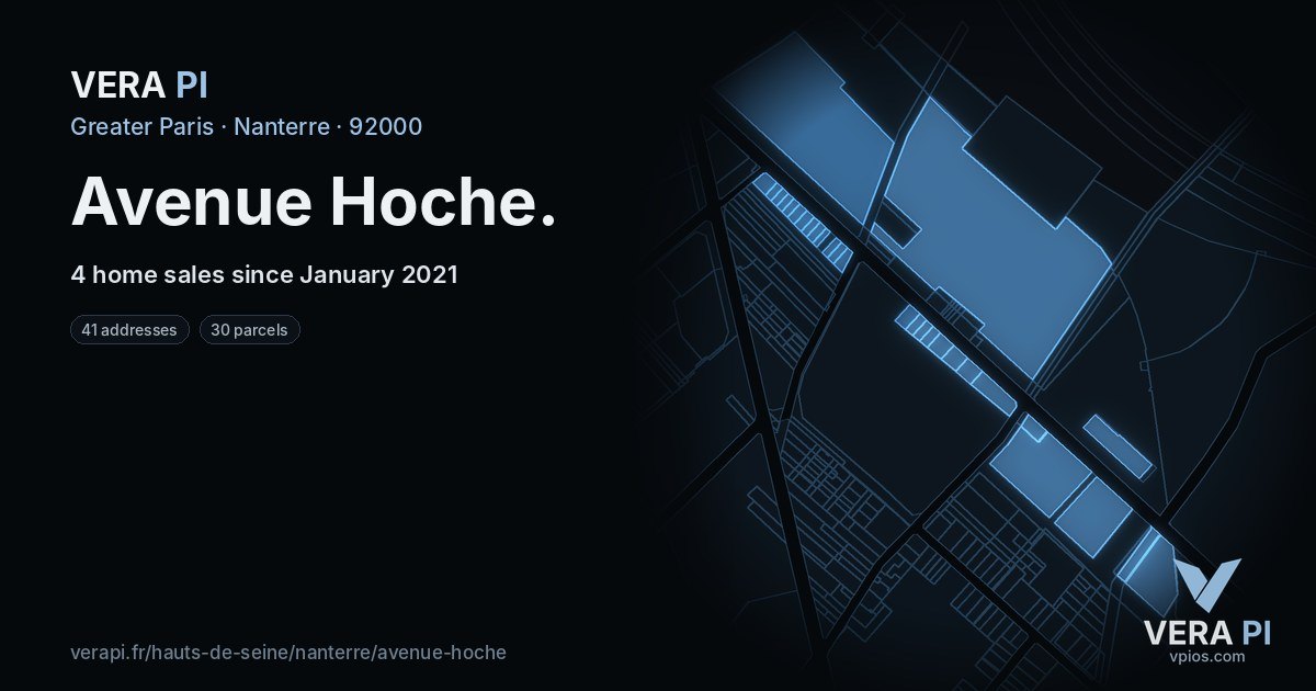 Avenue Hoche, Nanterre at night – every parcel coloured by the prices around it, the street's own parcels lit