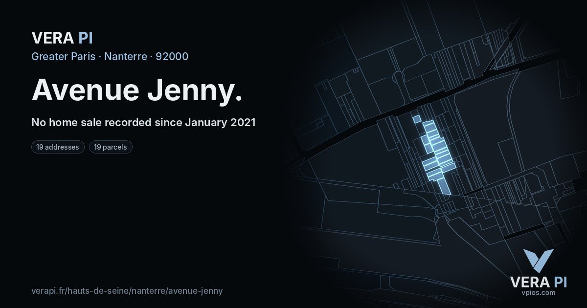 Avenue Jenny, Nanterre at night – every parcel coloured by the prices around it, the street's own parcels lit