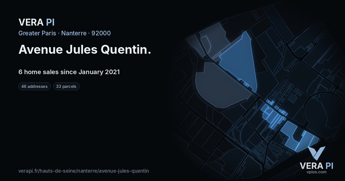 Avenue Jules Quentin, Nanterre at night – every parcel coloured by the prices around it, the street's own parcels lit