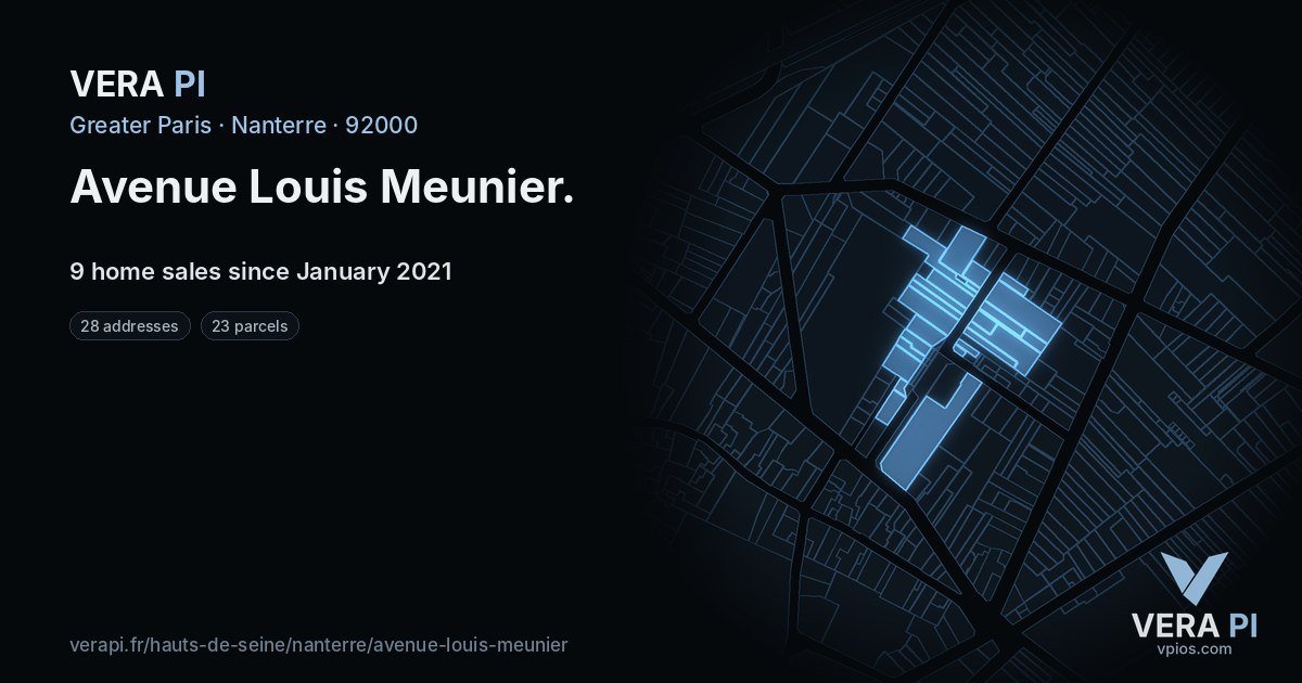 Avenue Louis Meunier, Nanterre at night – every parcel coloured by the prices around it, the street's own parcels lit