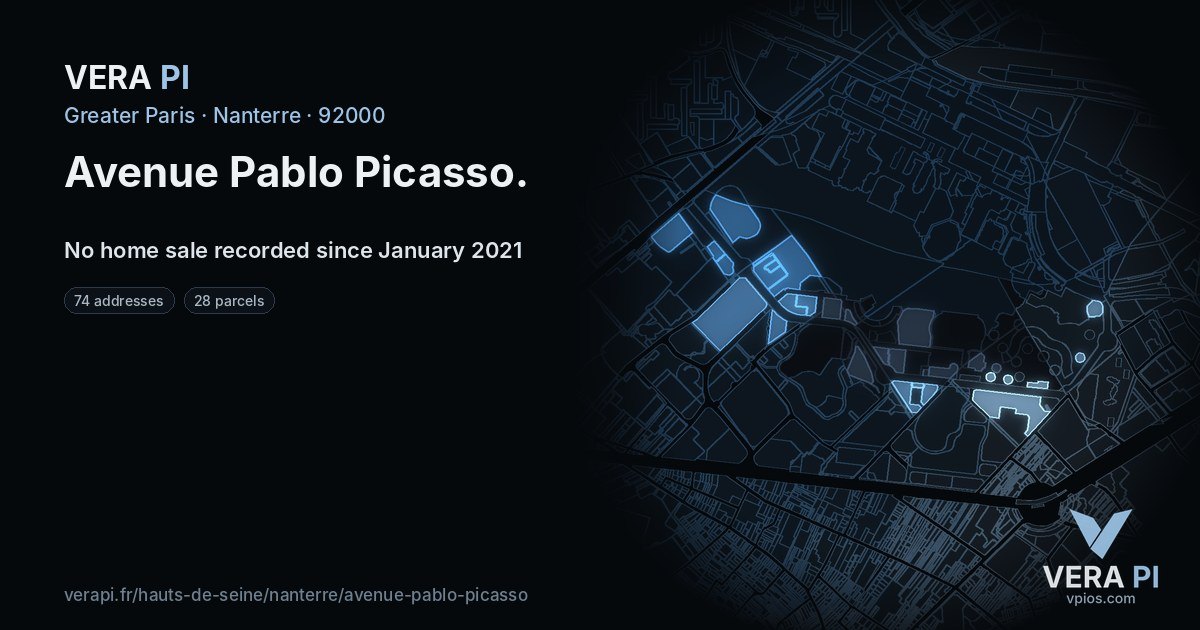 Avenue Pablo Picasso, Nanterre at night – every parcel coloured by the prices around it, the street's own parcels lit