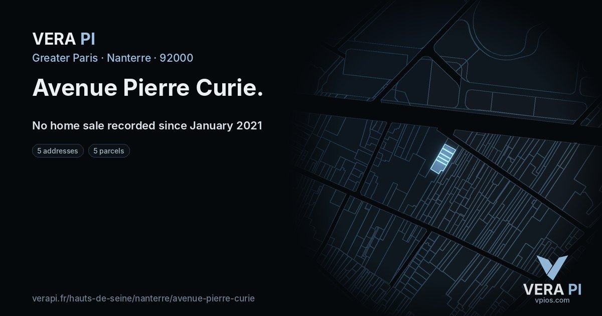 Avenue Pierre Curie, Nanterre at night – every parcel coloured by the prices around it, the street's own parcels lit
