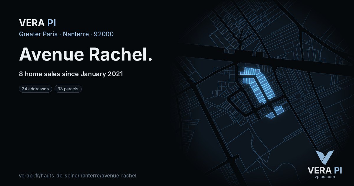 Avenue Rachel, Nanterre at night – every parcel coloured by the prices around it, the street's own parcels lit