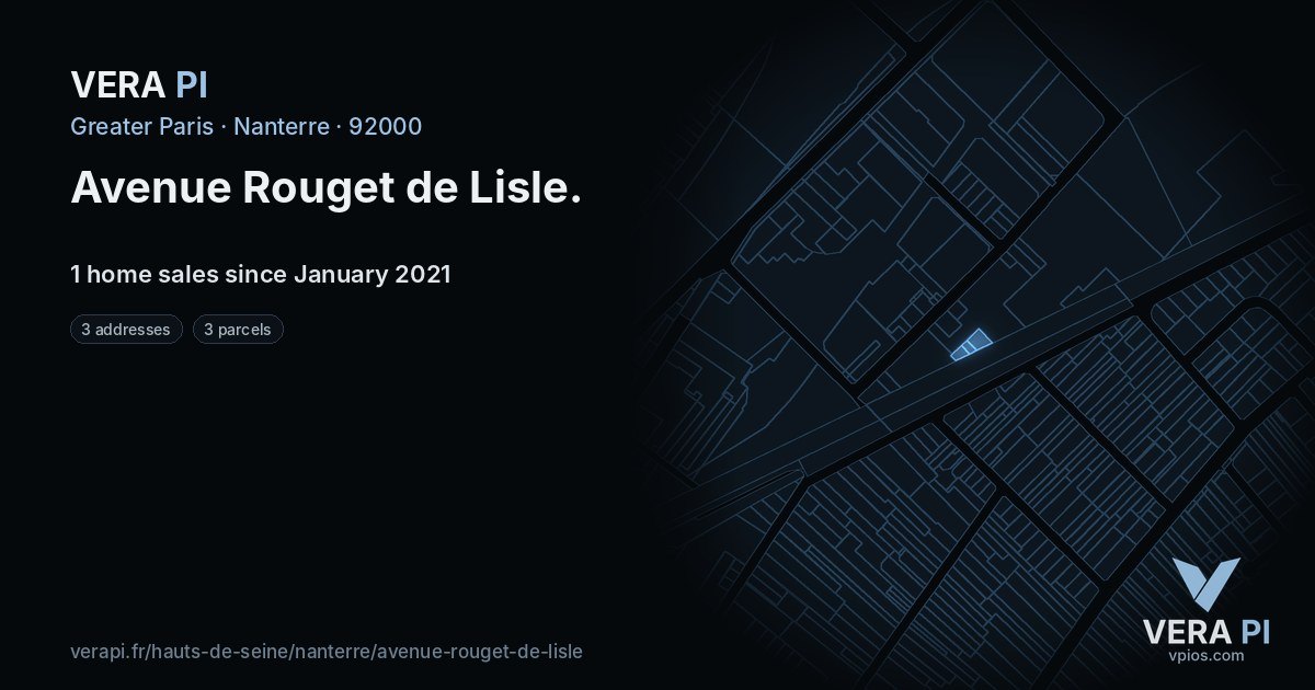 Avenue Rouget de Lisle, Nanterre at night – every parcel coloured by the prices around it, the street's own parcels lit
