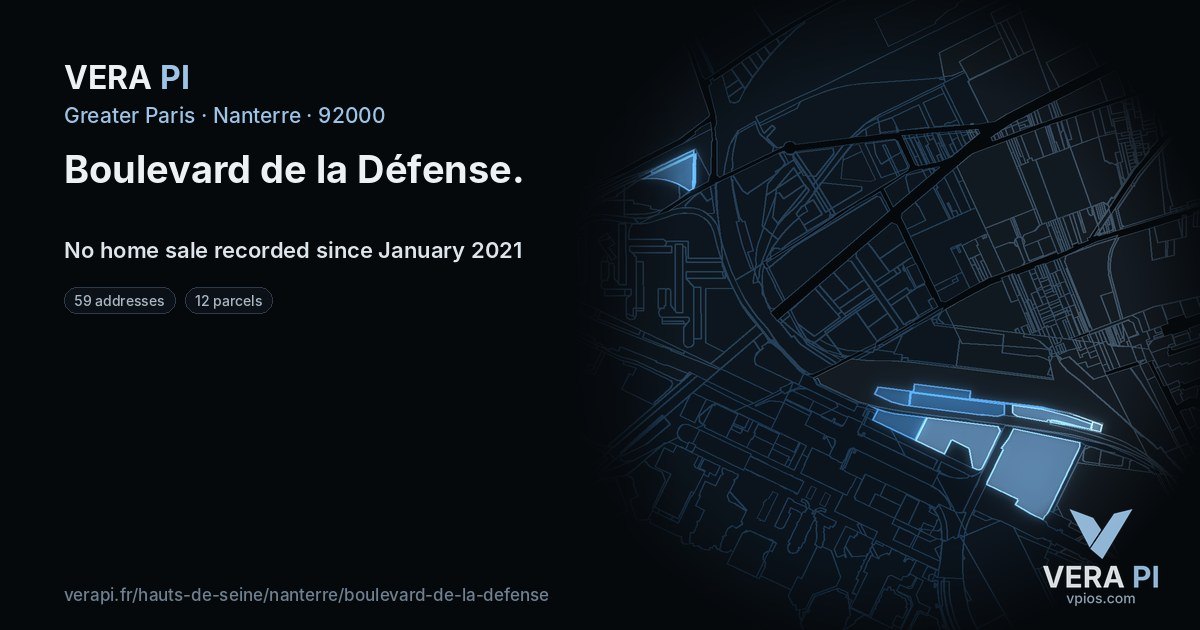 Boulevard de la Défense, Nanterre at night – every parcel coloured by the prices around it, the street's own parcels lit