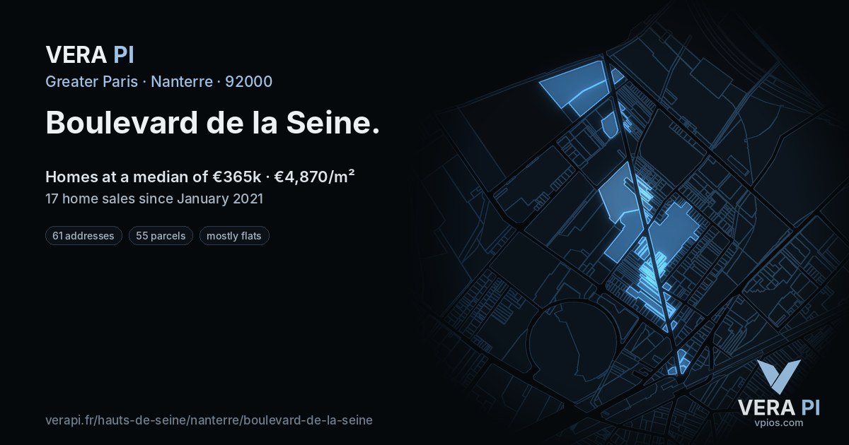 Boulevard de la Seine, Nanterre at night – every parcel coloured by the prices around it, the street's own parcels lit