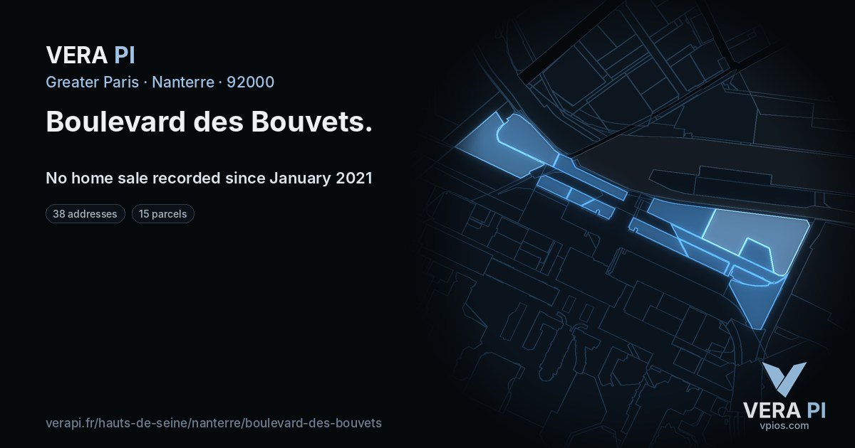 Boulevard des Bouvets, Nanterre at night – every parcel coloured by the prices around it, the street's own parcels lit