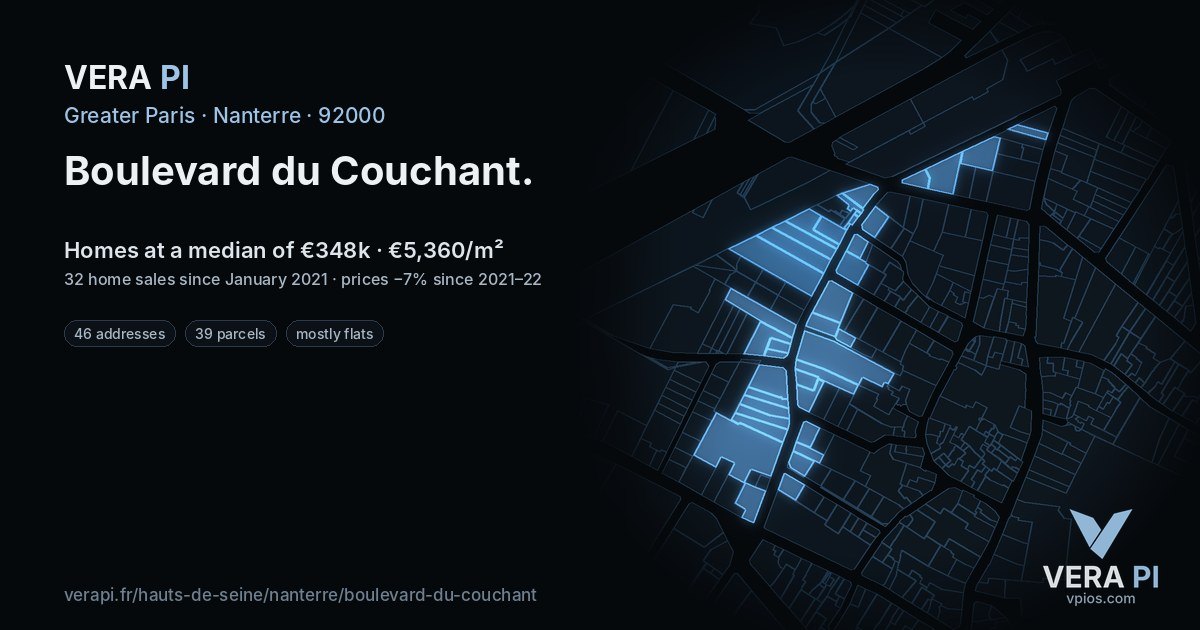Boulevard du Couchant, Nanterre at night – every parcel coloured by the prices around it, the street's own parcels lit