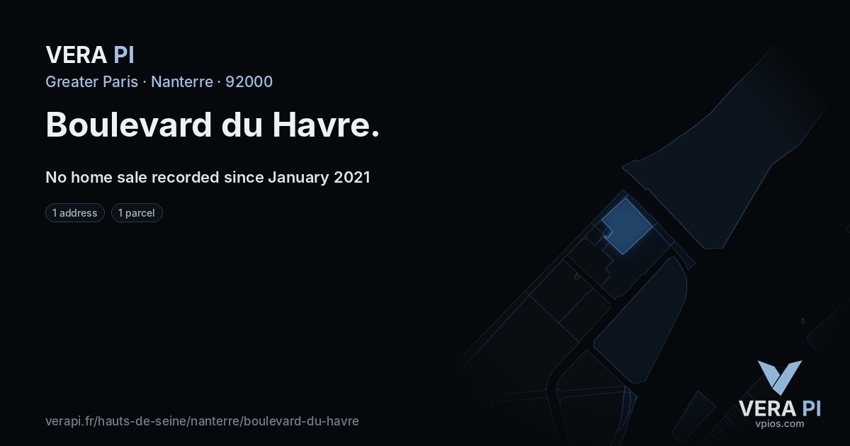 Boulevard du Havre, Nanterre at night – every parcel coloured by the prices around it, the street's own parcels lit