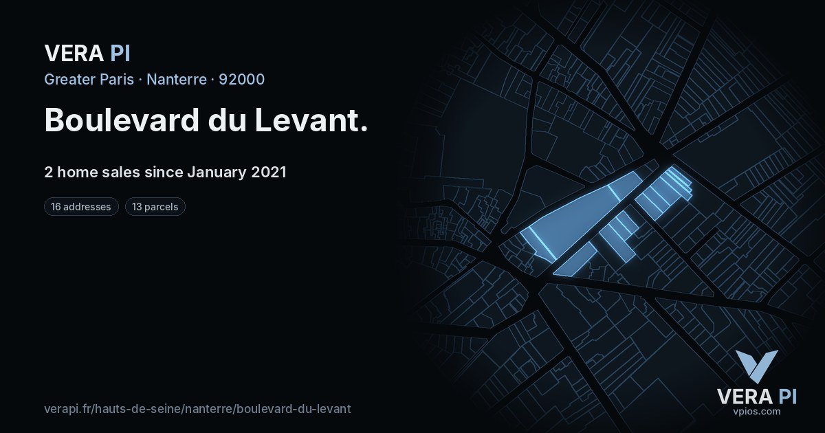 Boulevard du Levant, Nanterre at night – every parcel coloured by the prices around it, the street's own parcels lit