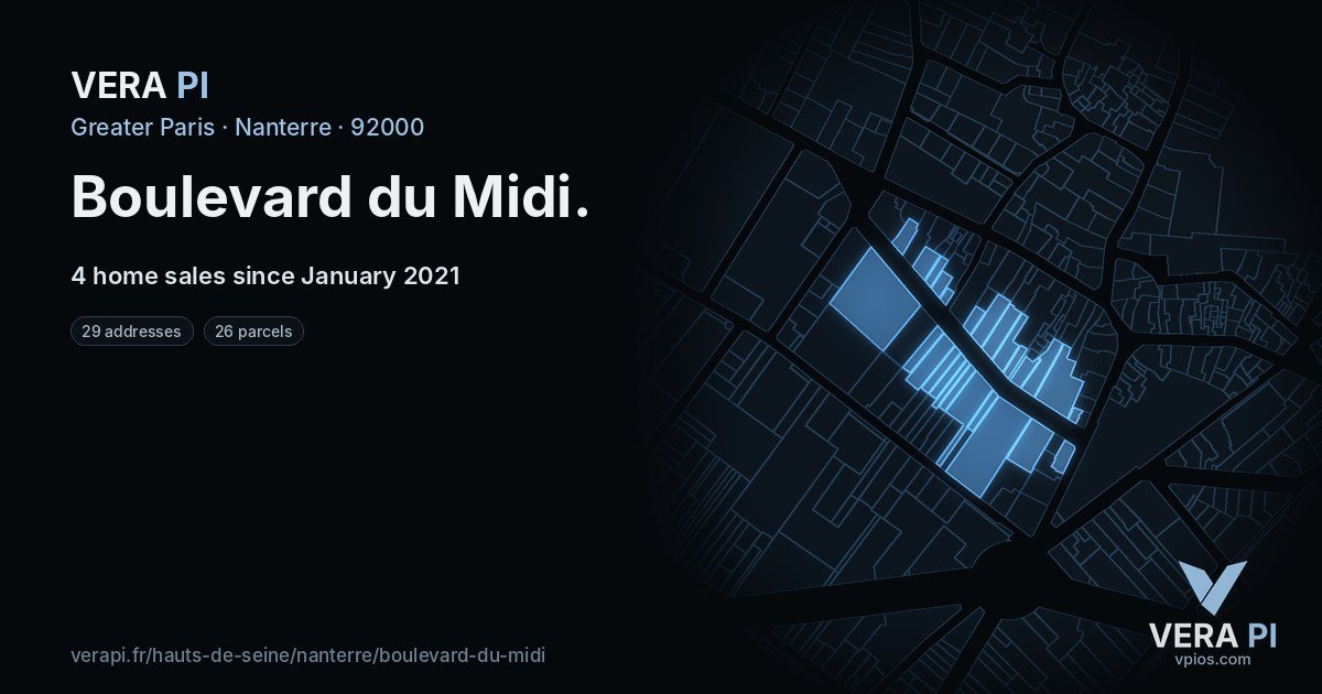 Boulevard du Midi, Nanterre at night – every parcel coloured by the prices around it, the street's own parcels lit